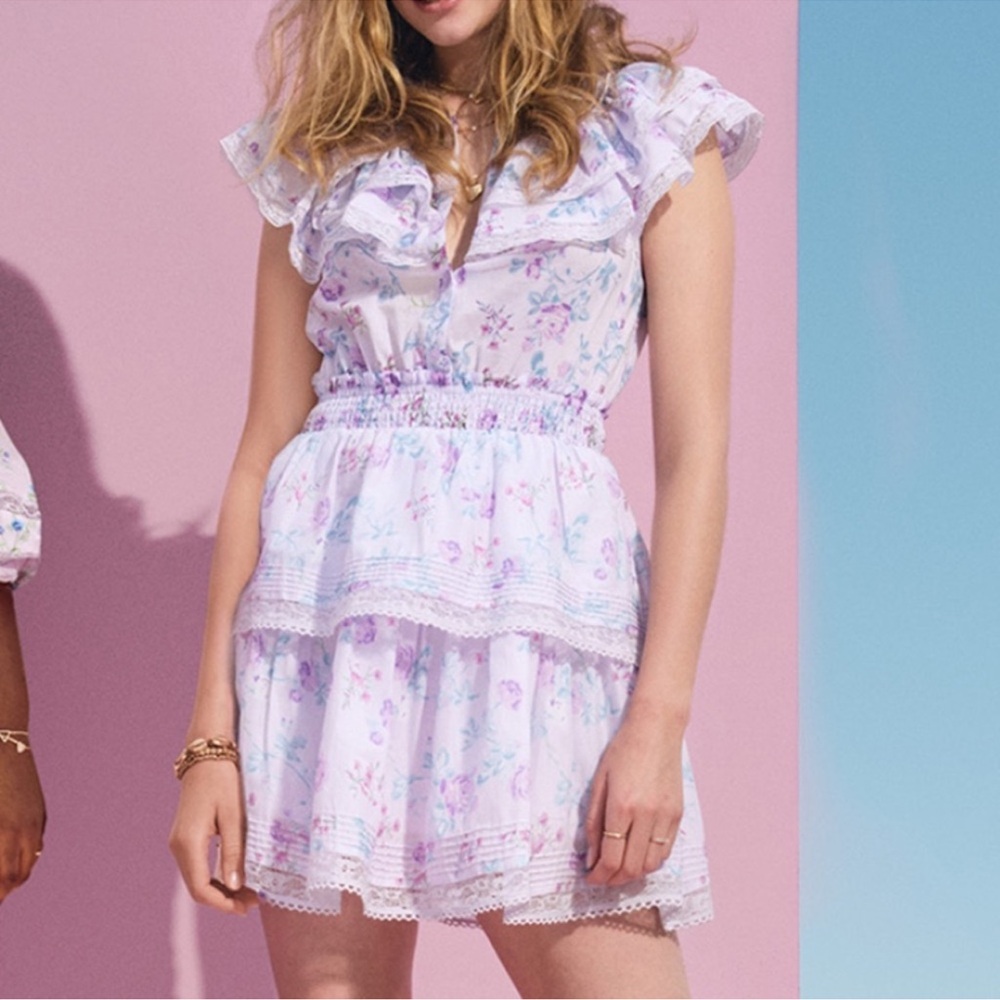 LoveShackFancy Lavender Floral Ruffle Midi Dress